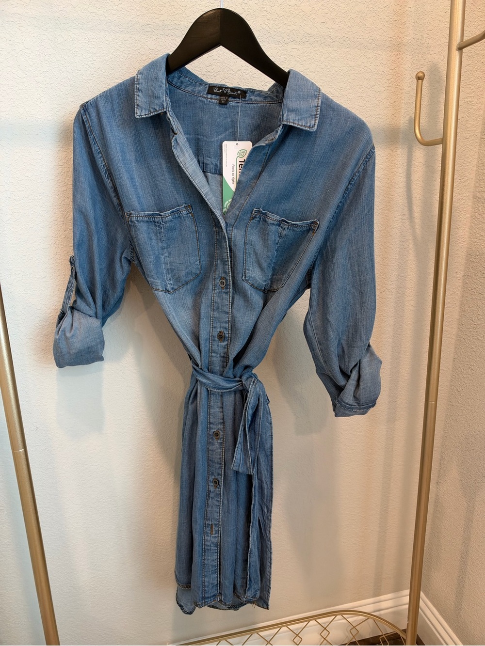 Velvet Heart Light Blue Denim Midi Shirt Dress with Tie Waist